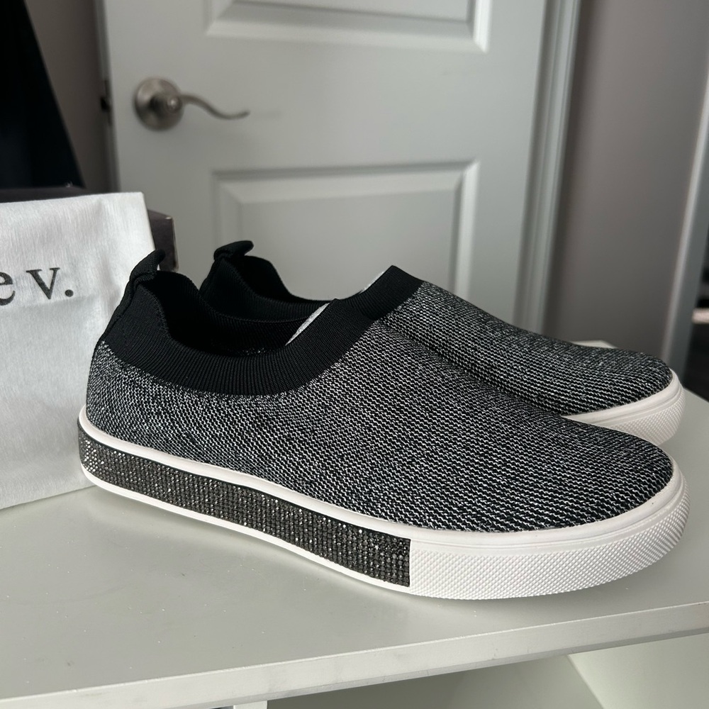 bernie mev. Black & White Knit Slip-On Sneakers